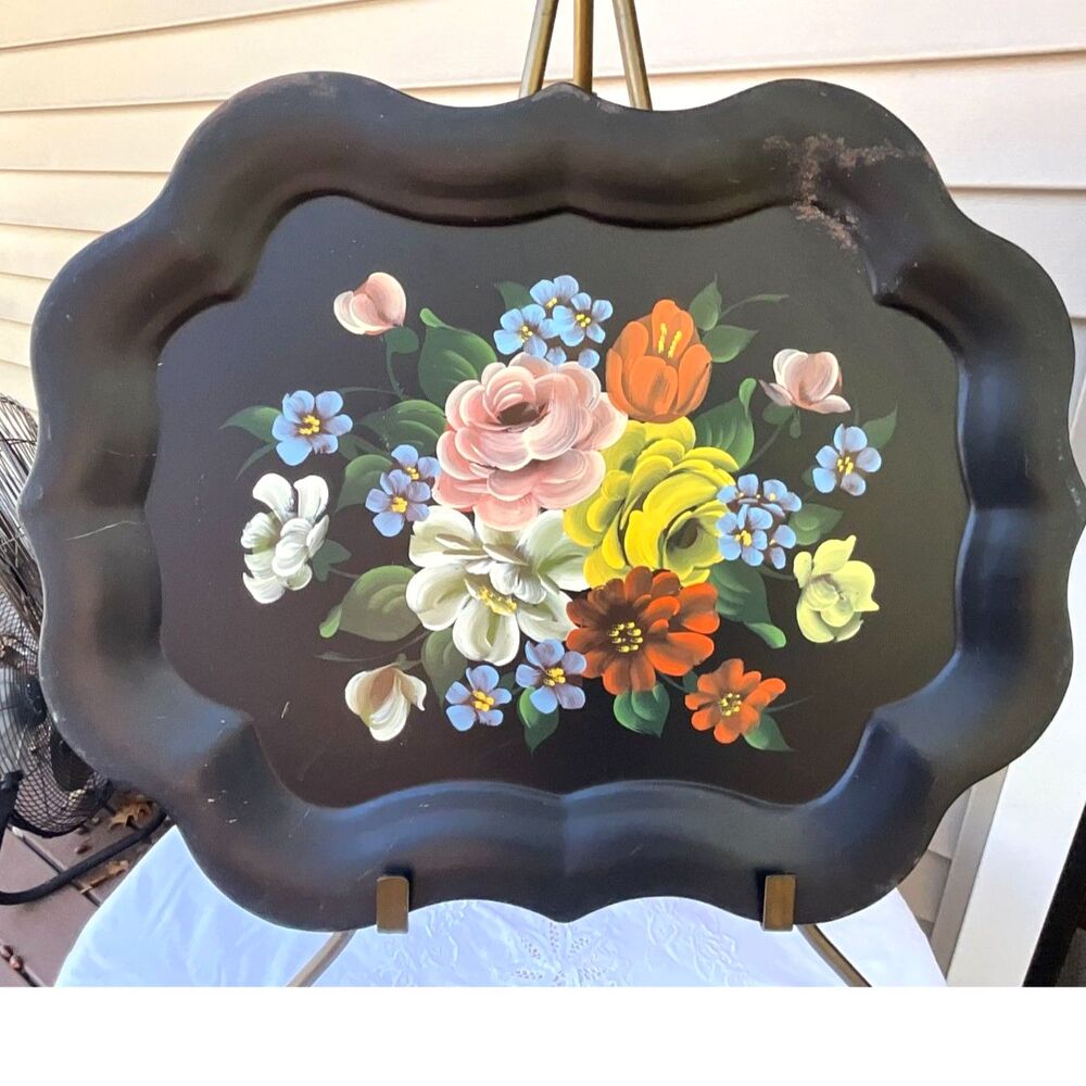 Vintage black tole tray hand painted flowers large size Cottagecore